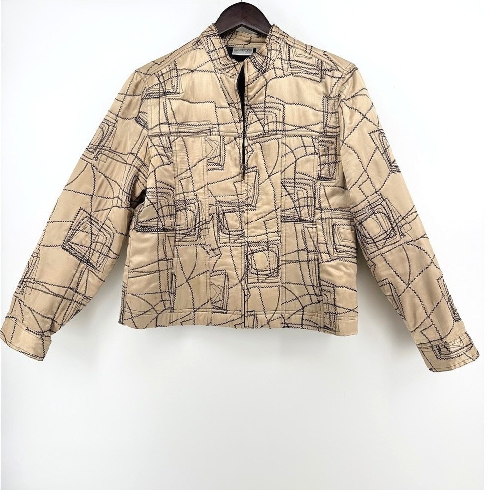 Chicos Silk Geometric Embroidered Zip Jacket Champagne Gold Black Size 1 Medium - Picture 8 of 9